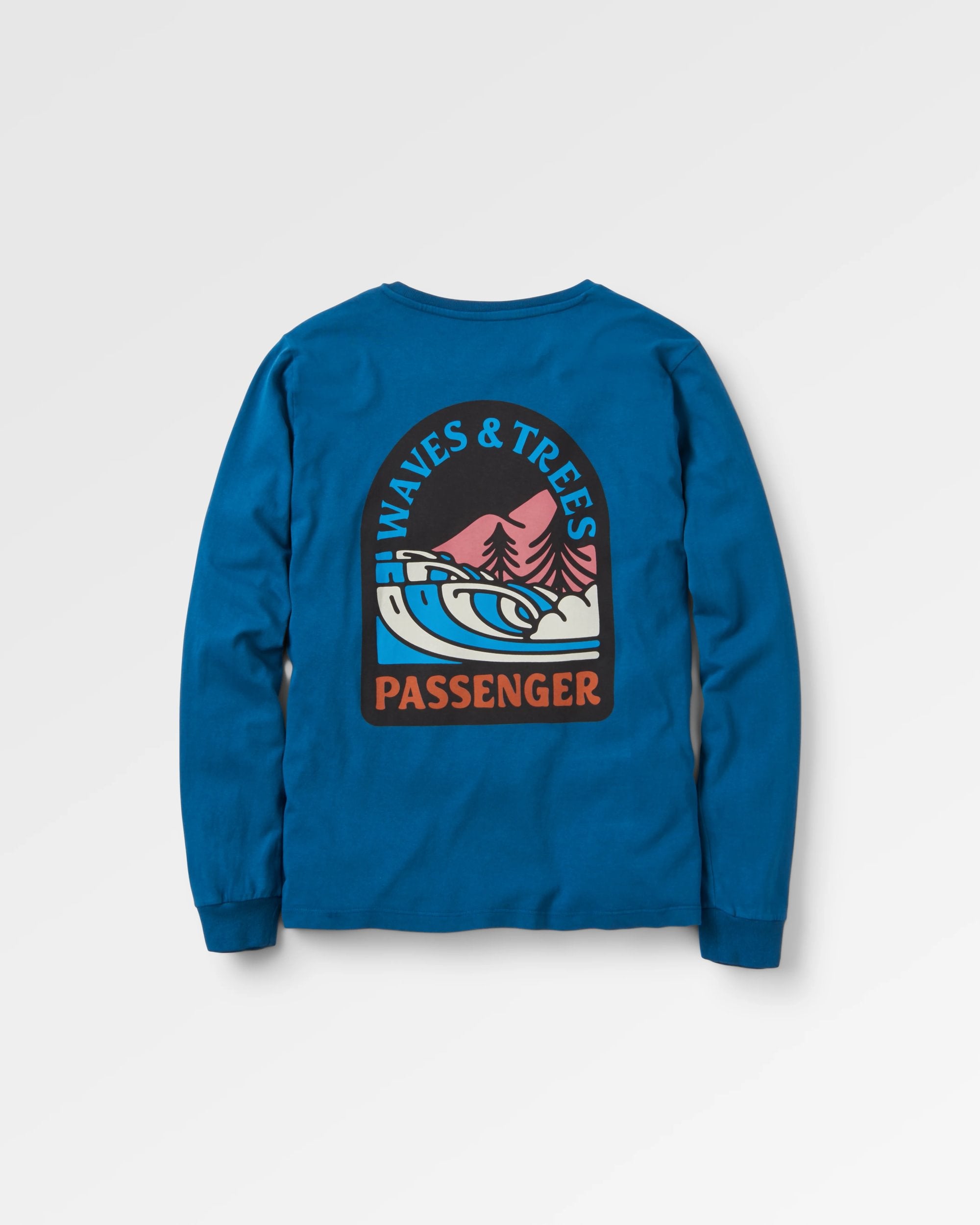 Waves & Trees Recycled Cotton LS T-Shirt - Tidal Blue - Flatlay