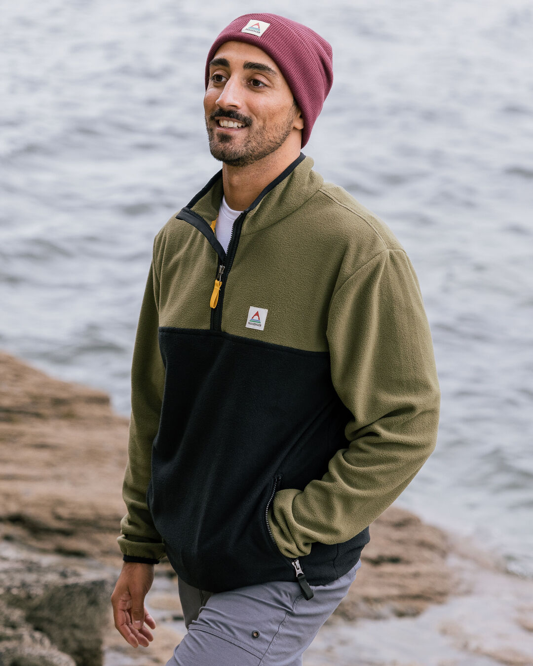 Set Off Recycled Polar 1/4 Zip Fleece - Khaki - Lifestyle