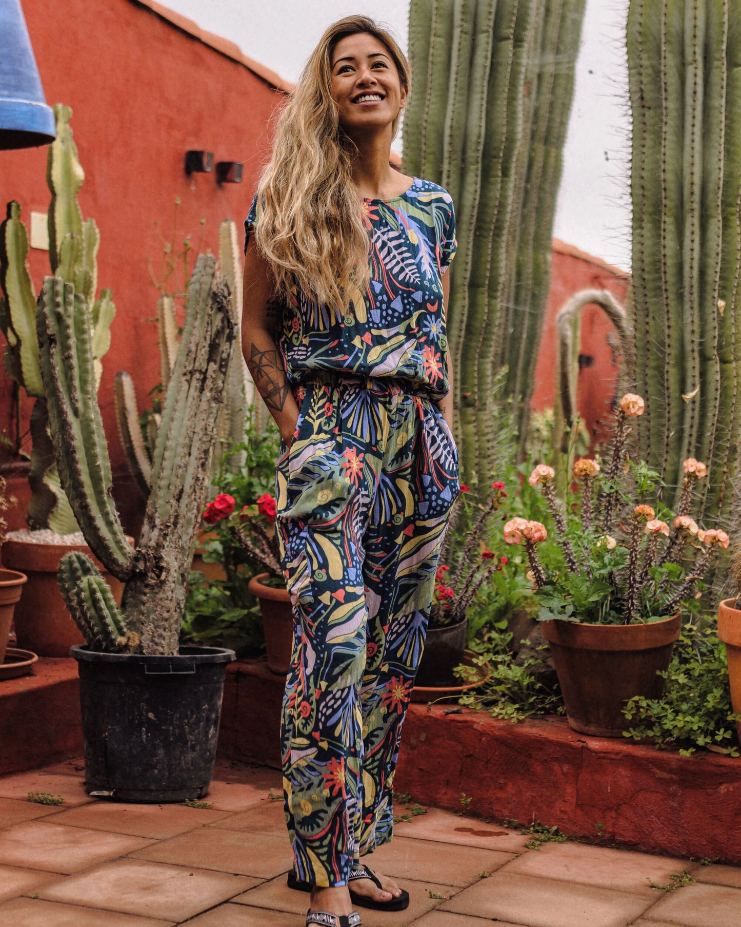 Thimbleberry Jumpsuit - Abstract Seaweed Tidal Blue - Lifestyle