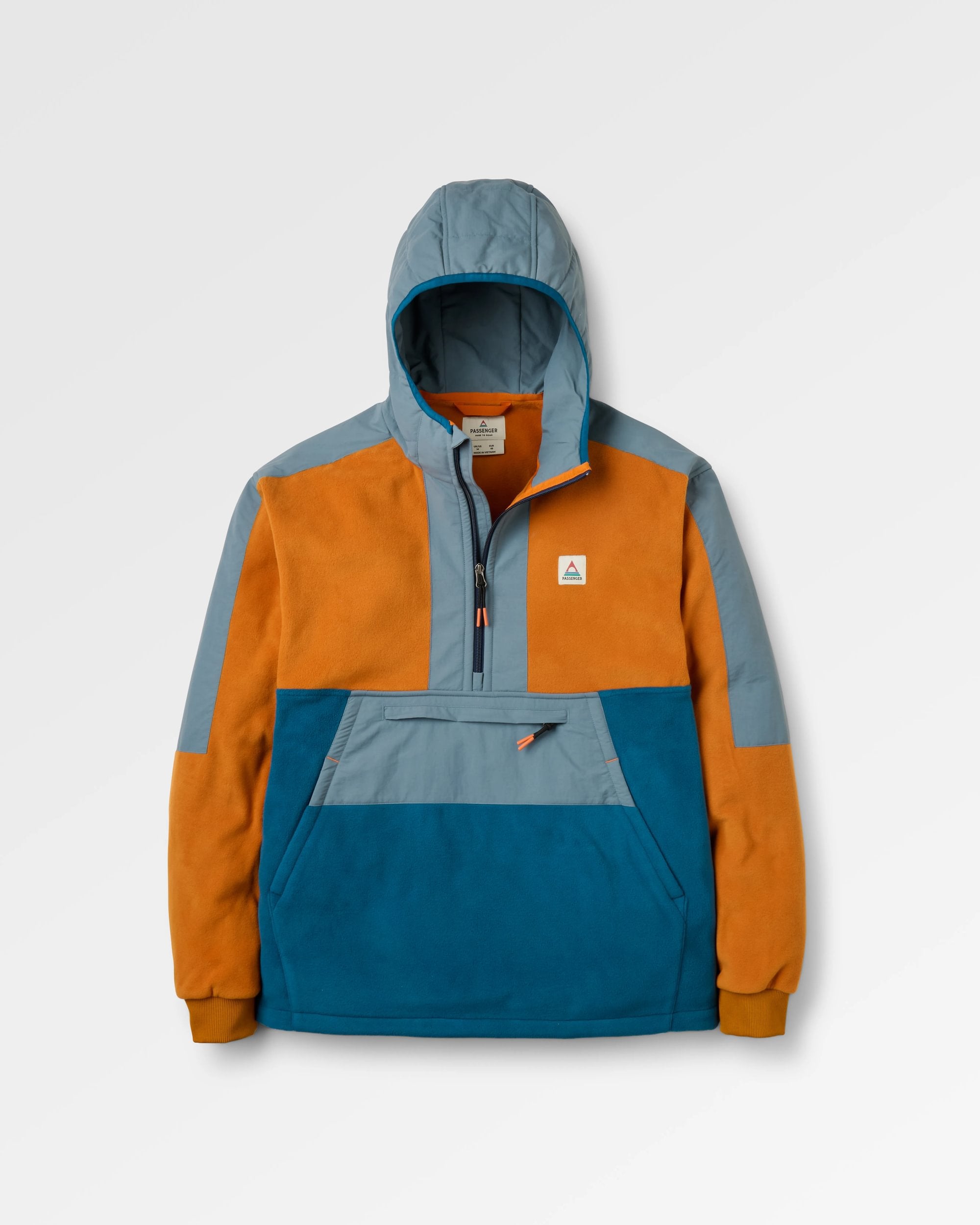 Woodland Hooded 1/2 Zip Recycled Polartec® Fleece - Retro Orange/Tidal Blue - Flatlay