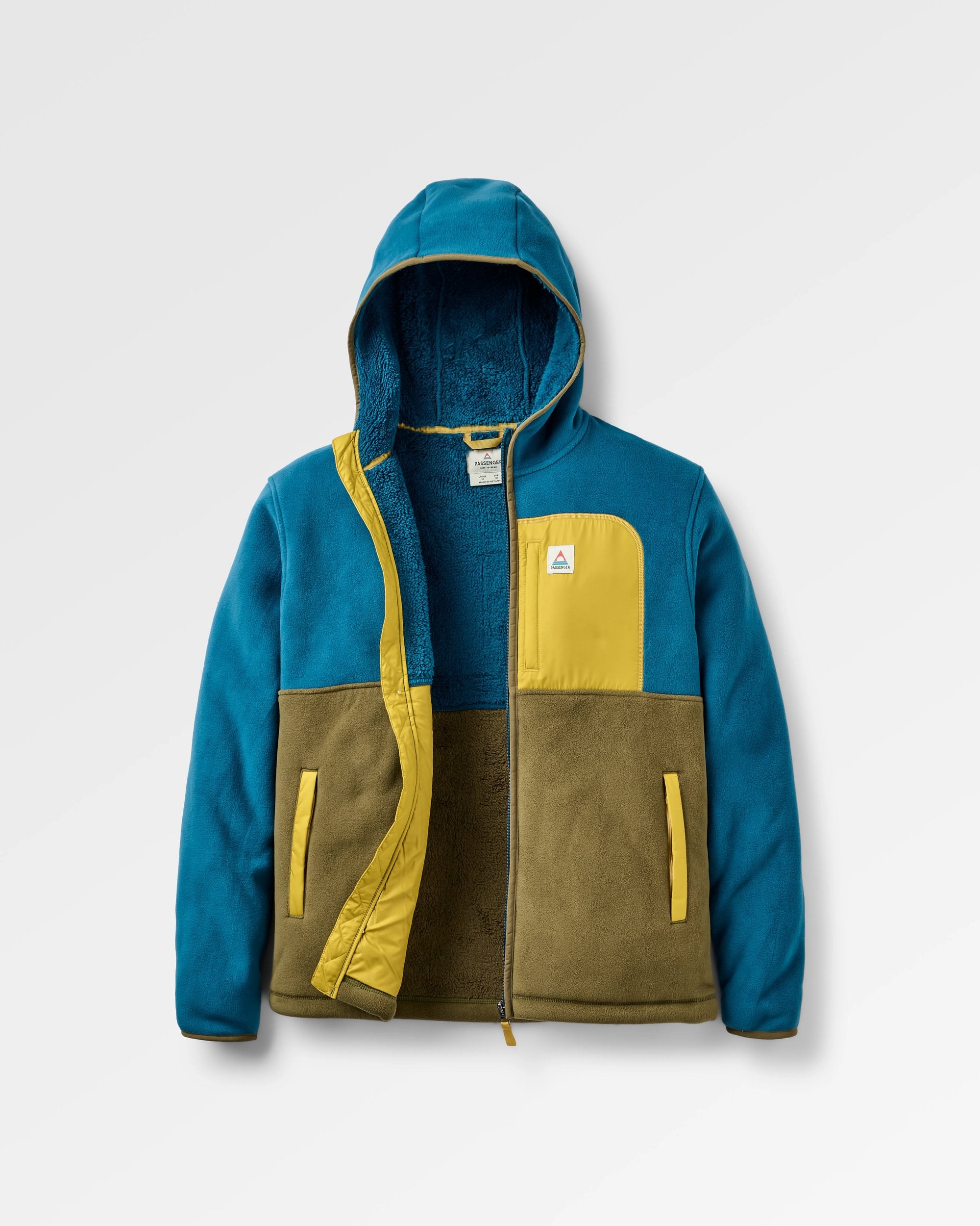 Loch Hooded Recycled Polar Fleece - Tidal Blue/Dark Olive - Flatlay