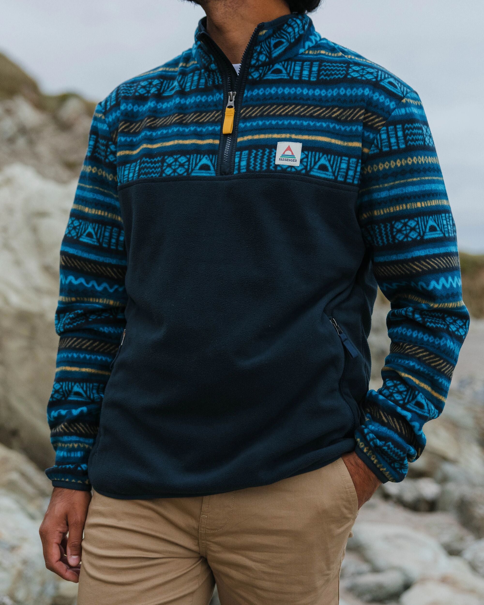 Set Off Recycled Polar 1/4 Zip Fleece - Patchwork Stripe Tidal Blue/ Deep Navy - Lifestyle