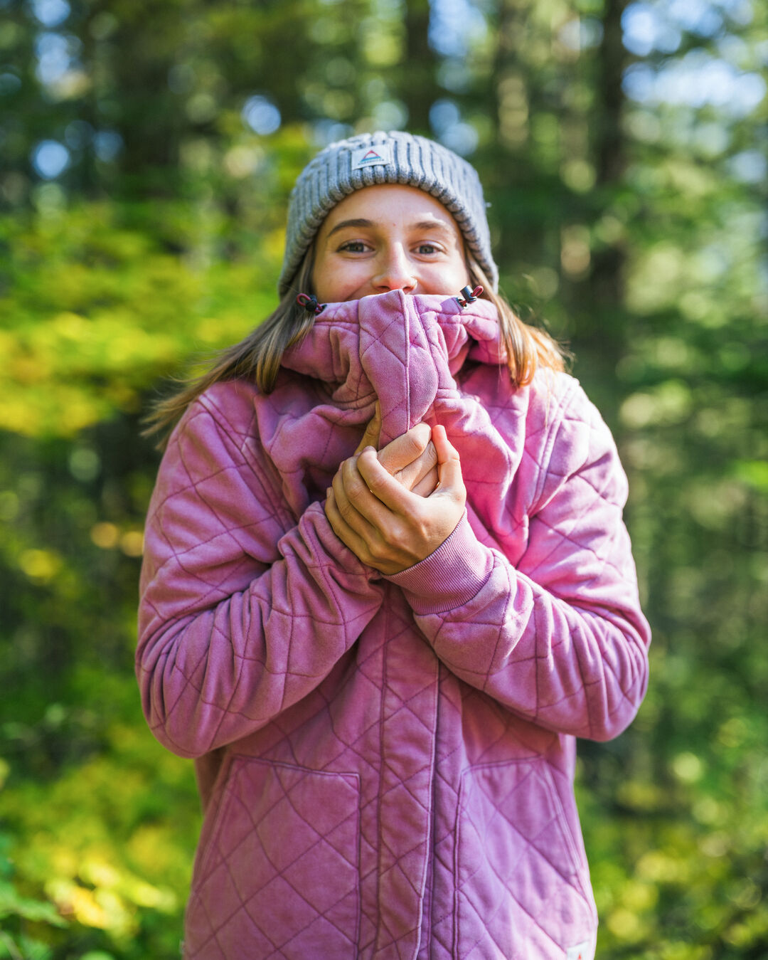 Clementine Recycled Quilted Popper Up Hoodie - Mauve Haze - Lifestyle
