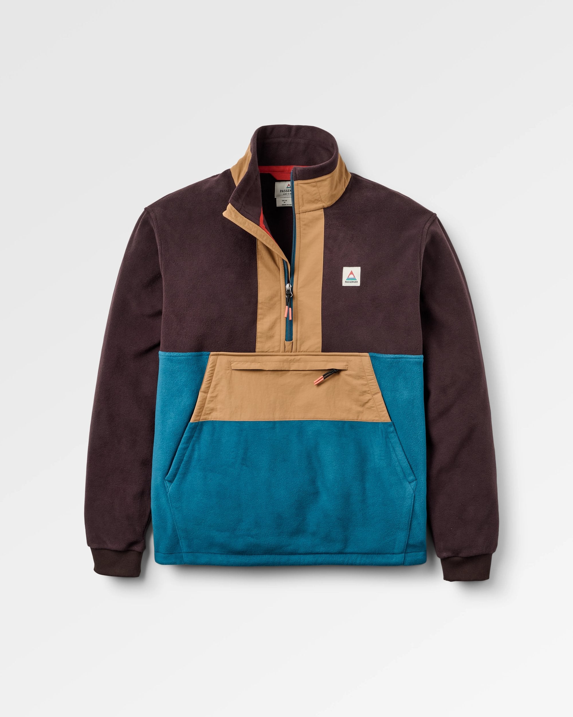 Woodland Hoodless 1/2 Zip Recycled Polartec® Fleece - Espresso/Tidal Blue - Flatlay