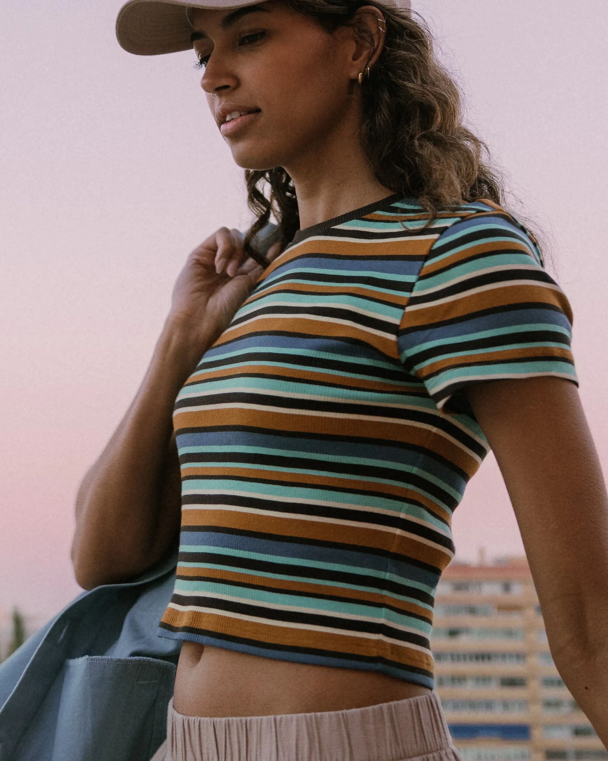 Out There Ribbed Cropped T-Shirt - Espresso Multi Stripe - Lifestyle