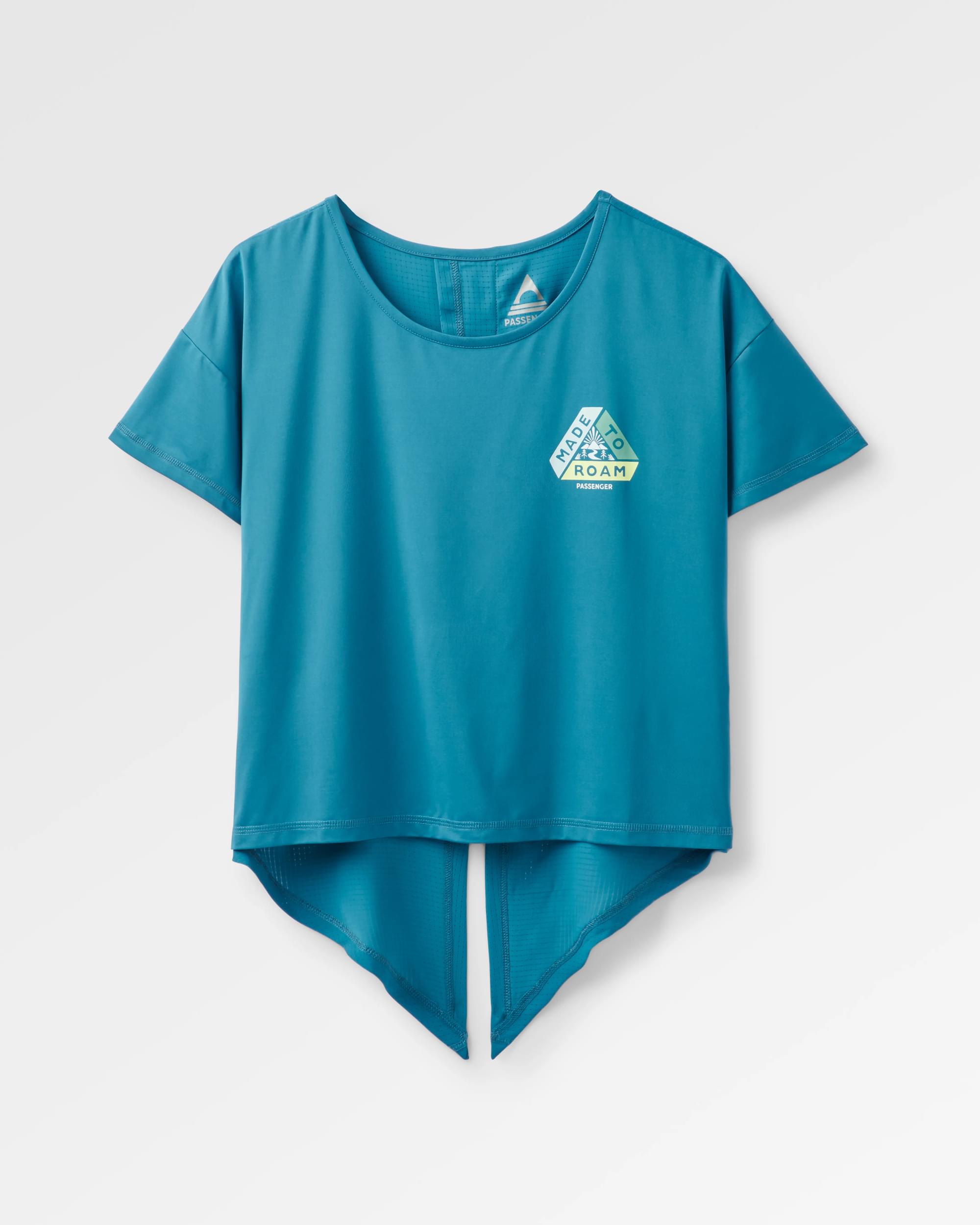 Chakra Tie Back Active Recycled T-Shirt - Blue Steel - Flatlay