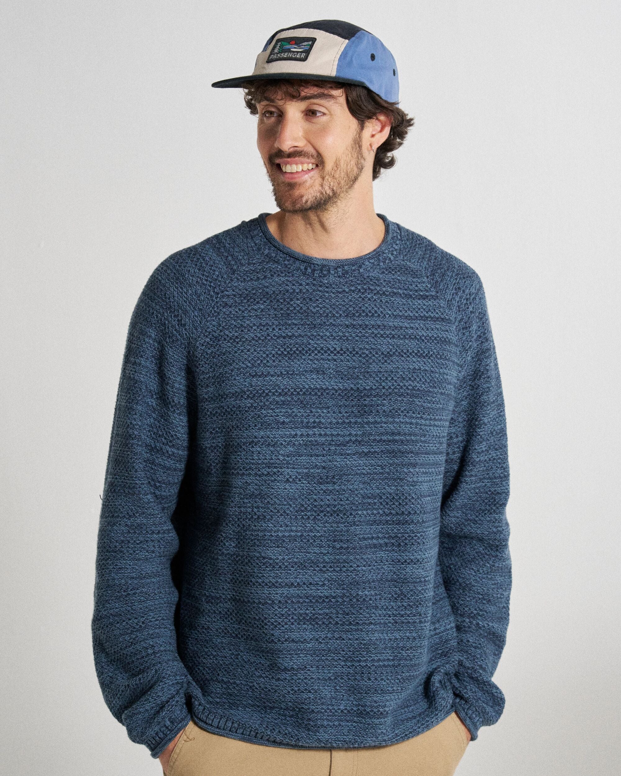 Shore Organic Cotton Knitted Jumper - Rich Navy - Studio Model