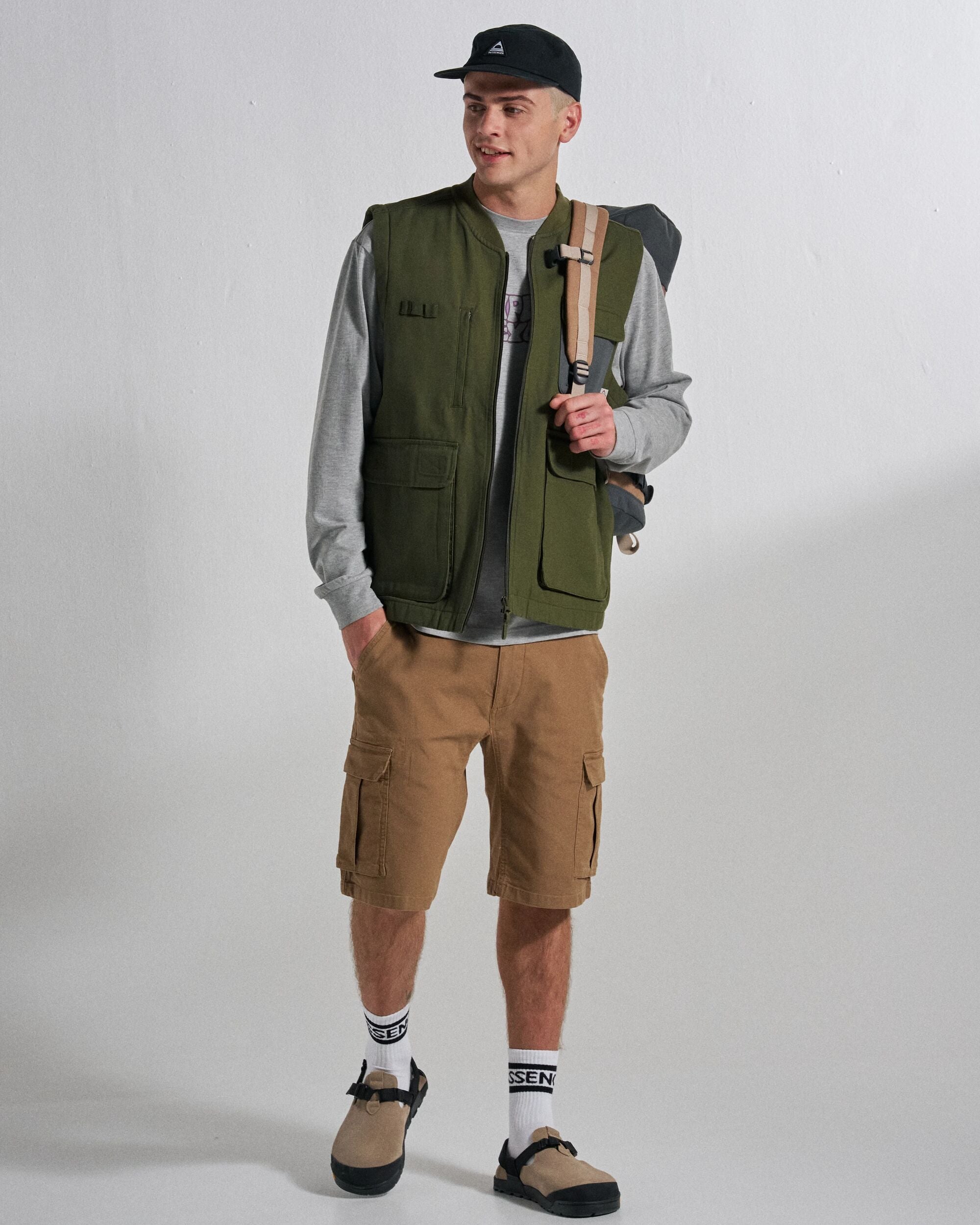 Explorers Organic Cotton Canvas Gilet - Khaki - Studio Model