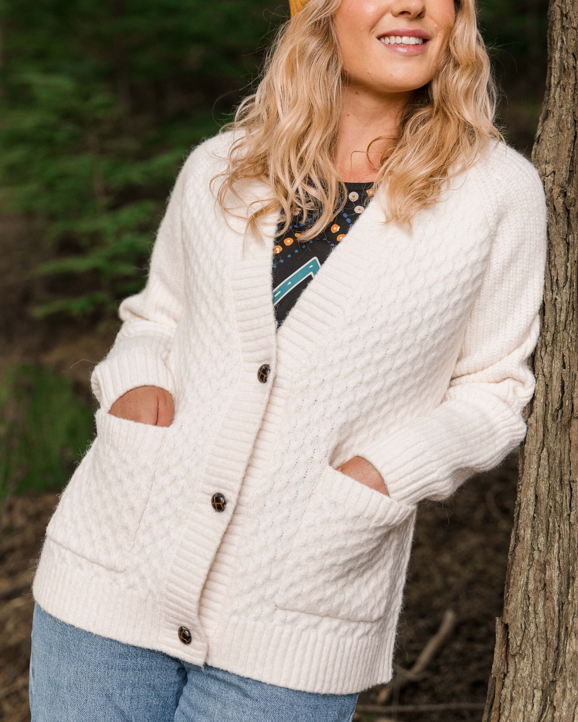 Homey Recycled Knitted Cable Cardigan - Off White - Lifestyle