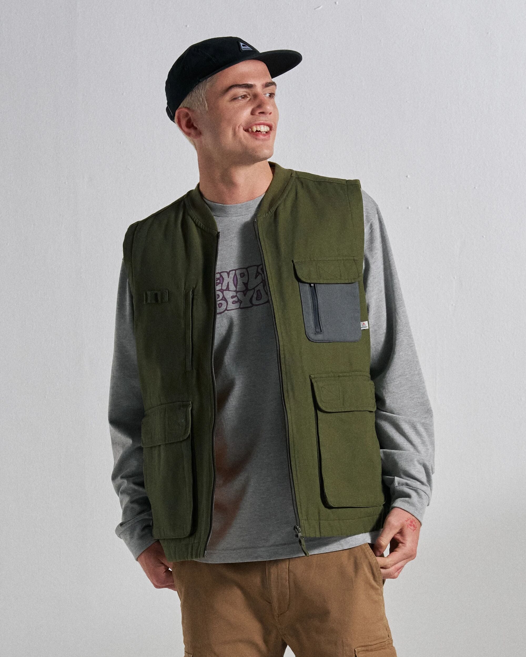 Explorers Organic Cotton Canvas Gilet - Khaki - Studio Model