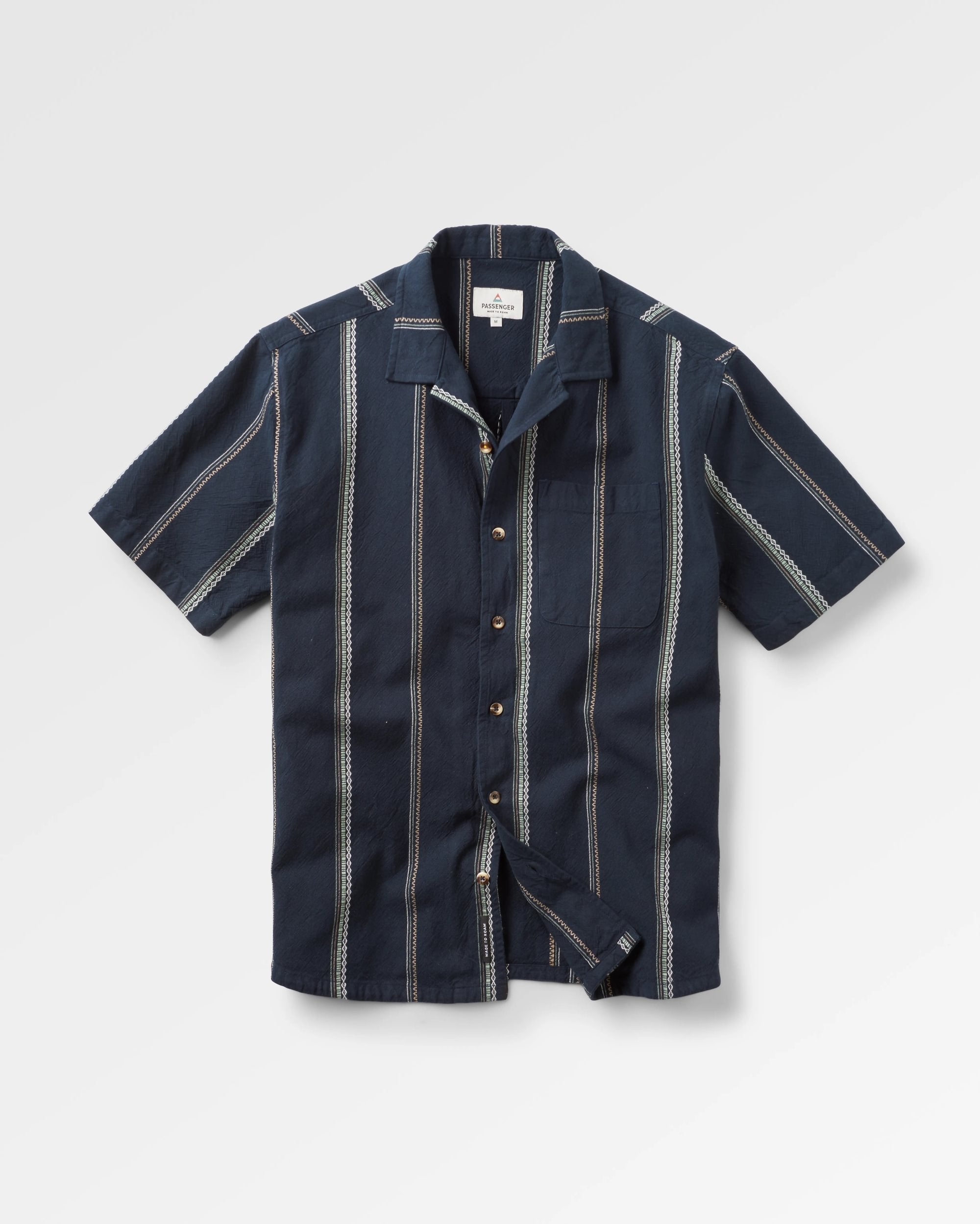 Cove Organic Cotton Short Sleeve Shirt - Deep Navy Jacquard Stripe - Flatlay