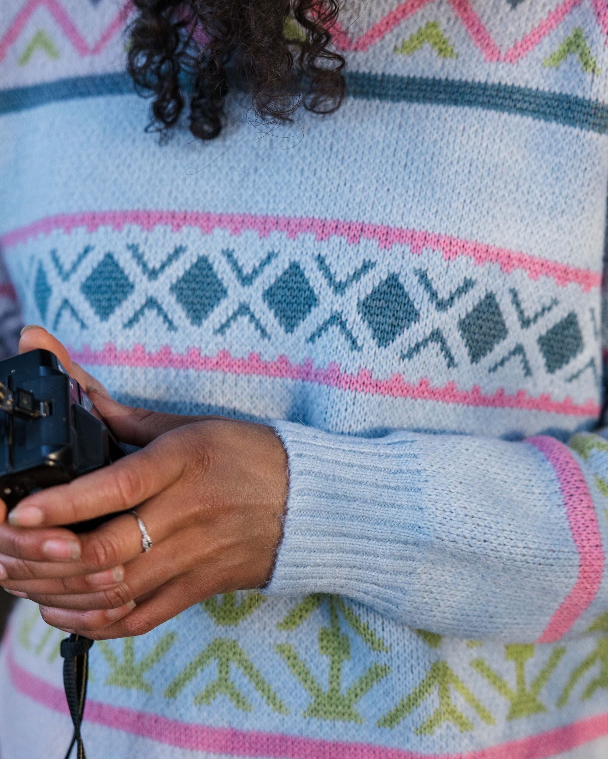 Whimsical Recycled Knitted Jumper - Homespun Stripe Blue Fog - Lifestyle