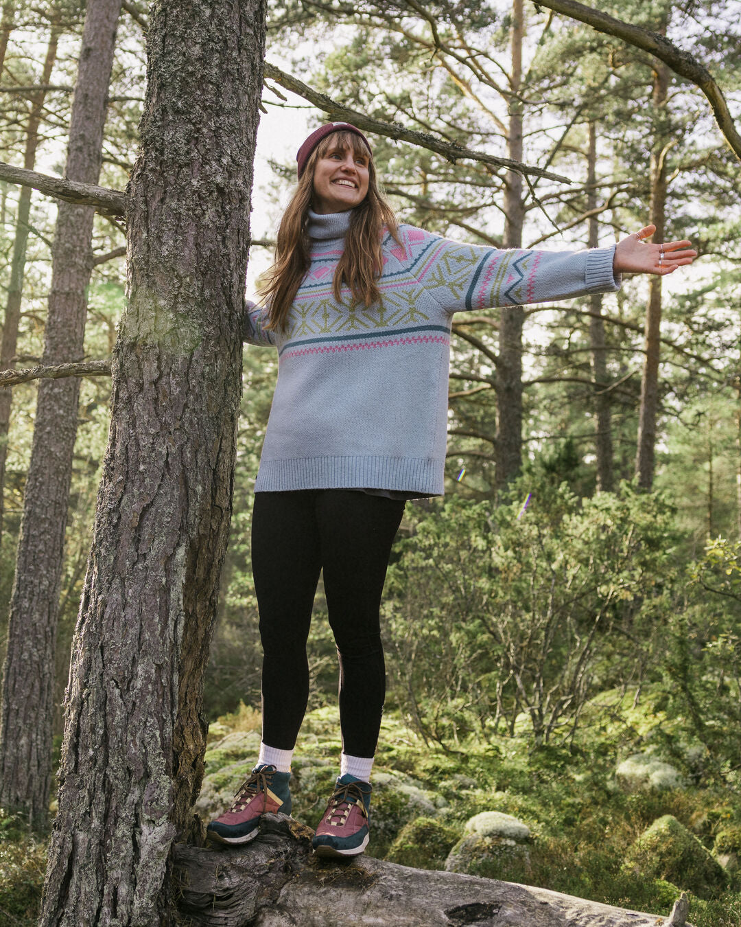 Whimsical Recycled Oversized Polo Neck Knitted Jumper - Homespun Stripe Blue Fog