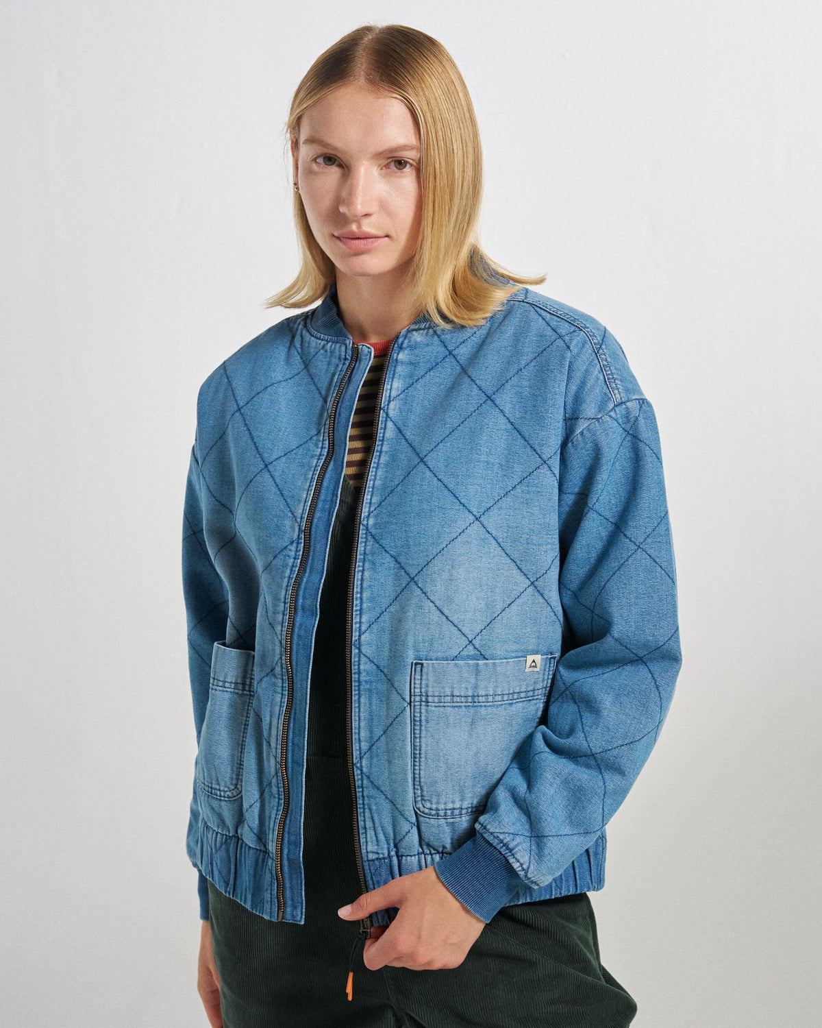 Lucia Sherpa Lined Denim Bomber Jacket - Denim Blue - Studio Model