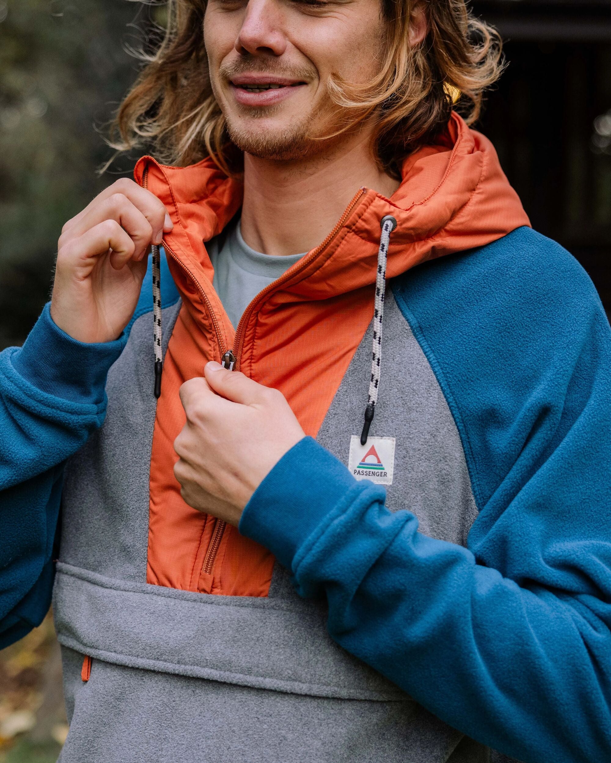 Woodland Hooded 1/2 Zip Recycled Polar Fleece - Grey Marl/ Tidal Blue - Lifestyle