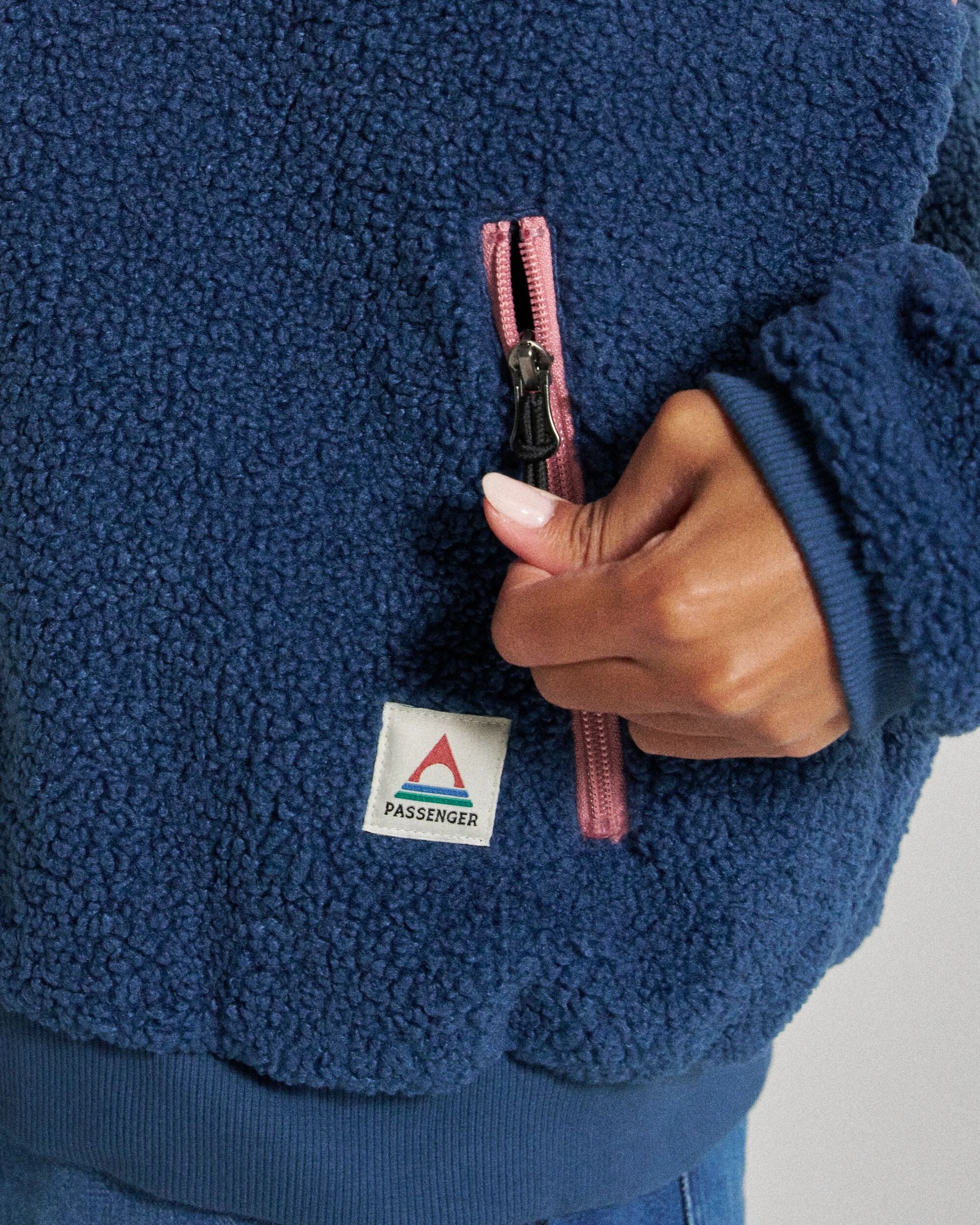 Joy Full Zip Hooded Sherpa Fleece - Dark Denim/Feather - Studio Model