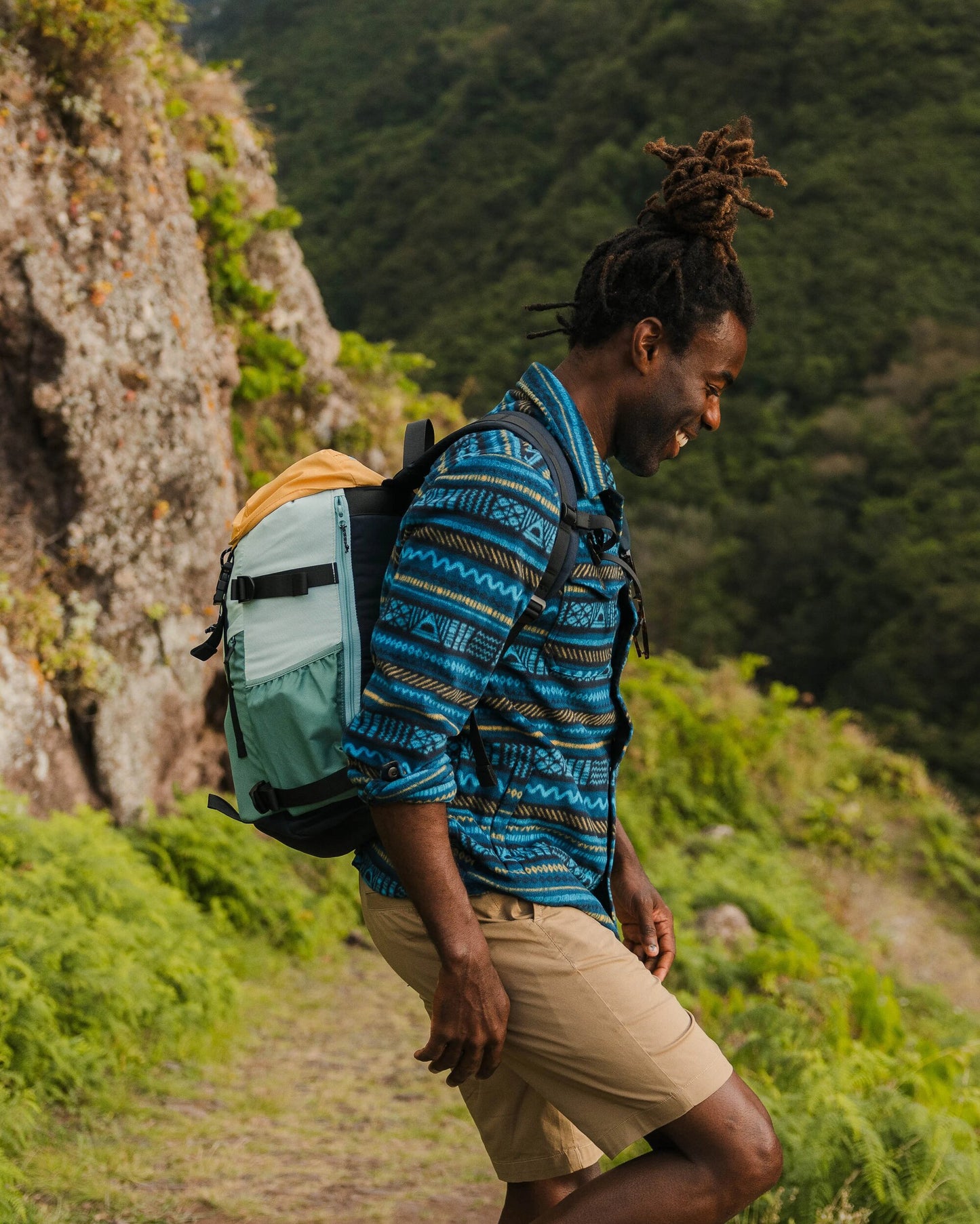 Maple Recycled Polar Fleece Shirt - Patchwork Stripe Tidal Blue