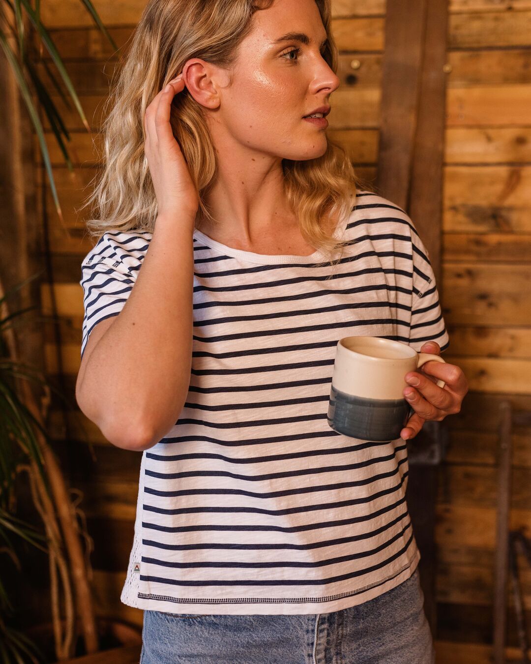 Magnolia Recycled Cotton Crochet Trim T-Shirt - Navy Stripe